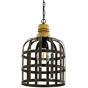 EGLO Oldcastle Hanglamp, 1-lichts, industrieel, vintage, retro, hanglamp van staal en hout in zwart en bruin, voor eettafel en woonkamer, met E27-fitting, diameter 31,5 cm