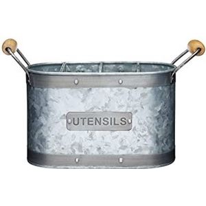 KitchenCraft Industrial Kitchen Bestekhouder, Keukengerei houder, Kookgereihouder, 27.5 x 11 x 17 Centimeter, Verzinkt Staal, Mangohout - Grijs en Bruin
