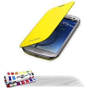 Flip-case SAMSUNG GALAXY S3 [Le Clap Premium] [Geel] van MUZZANO 3 screen protectors UltraClear + Pen en Microvezeldoek MUZZANO® GRATIS - De ULTIEF, ELEGANTE EN DUURZAME beschermhoes voor uw SAMSUNG