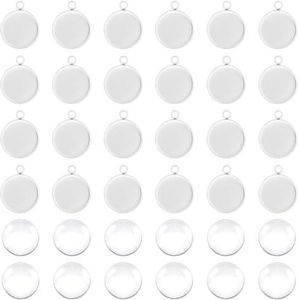 UNICRAFTALE 30 stuks 20 mm roestvrij staal cabochon-hanger parameters plat rond wit glazen hanger dienbladen voor doe-het-zelf oorbellen ketting sieraden maken 27 x 22 x 2 mm, gat 3 mm