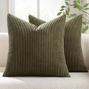 MIULEE Set van 2 kussenhoezen, corduroy, decoratieve kussenslopen, met verborgen ritssluiting, 50 x 50 cm, olijfgroen