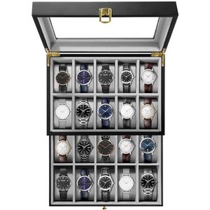 Uten Horloge Box 20 vakken, 2-laags houten horlogekast met glazen deksel, horloge display opbergdoos voor mannen en vrouwen, afneembare horlogekussens, metalen sluiting, pianolak hout, zwarte fluwelen