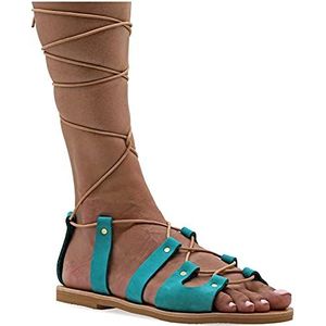 38 Turkoois Emmanuela antieke Griekse Gladiatorale sandalen, handgemaakte platte lederen sandalen met open tenen en veters, hoge kwaliteit zomerschoenen voor het vastbinden voor vrouwen