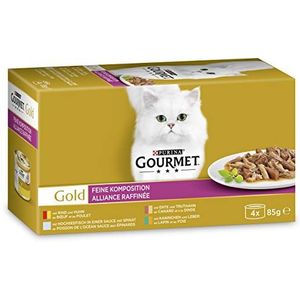 Purina Gourmet Gold Luxe mix Kattenvoer, Natvoer met Rund en Kip, Eend en Kalkoen, Konijn en Lever, Zeevis in Saus met Spinazie - 4x85g - doos van 12 (48 blikjes; 4,08kg)