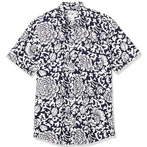 Amazon Essentials Men's Poplin overhemd met normale pasvorm en korte mouwen, Zwart Wit Bloemig, M