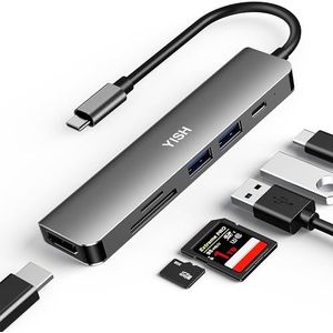 YISH USB C Hub 6-in-1 docking station: USB 3.0 Hub met PD100W, 4K HDMI, 2x USB A, SD/TF-kaartlezer voor desktop, laptop, toetsenborden, USB-sticks, mobiele HDD, grijs