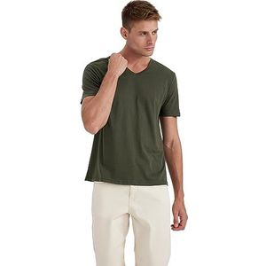DeFacto Heren Basic Slim Fit T-shirt heren V-hals - klassiek T-shirt voor mannen, Volgens kaki, XXL