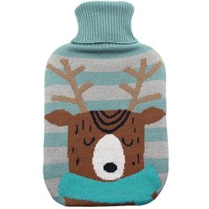 Mimo Warmwaterkruik 1,7 l, blauwe voering met rendieren, afmetingen: 20 x 32 x 4 cm. Flexibel en zacht, ideaal om in de winter op te warmen en te ontspannen.