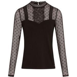 Morgan Mesh Top met Stippen en Kant Zwart