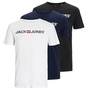 JACK & JONES Heren T-shirts Logo Tee Crew Neck 3-pack, 12137126 - zwart/wit/marineblauw blazer, S