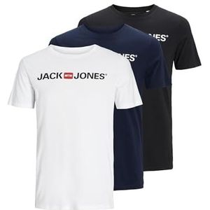 JACK & JONES JJECORP T-shirt voor heren met opdruk in voordeelverpakking met ronde hals, JJECORP Logo Tee SS Crew Neck, 3 stuks (1x Navy Blazer, 1x Wit, 1x Black), S