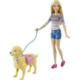 Barbie DWJ68 - hondenwandeling poppen speelset, met pop en zuiver hond, meisjes speelgoed vanaf 3 jaar, Meerkleurig