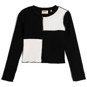 Koton Girls T-shirt met lange mouwen, ronde hals, kleur contrasterende stiksel, detail, geribbeld, zwart (999), 7-8 Jaar