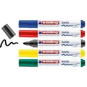 edding 4500 textielmarker - zwart, rood, blauw, groen, geel - 5 stuks - ronde punt 2-3 mm - Textielstiften wasmachinebestendig (60°C) om op textiel te tekenen - Textielstift