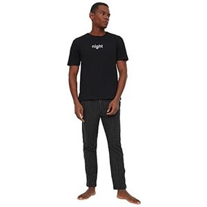 Trendyol Man met slogan dunne gebreide T-shirt-broek pyjama set, Zwart, L