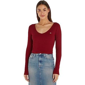 Tommy Jeans Dames Tjw BBY CRP Essential Rib V Ls L/S gebreide tops, Rouge, L