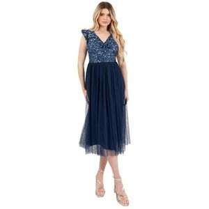 Maya Deluxe Dames Midi Jurk Dames V-hals Flutter Mouw Pailletten Verfraaid Twist Voorkant Tule Bruiloft Gast Bruidsmeisje gelegenheid, Donkerblauw, 52