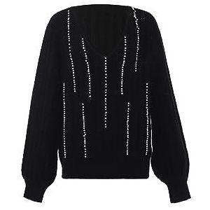 faina Dames gebreide trui met V-hals en parelkettingdesign zwart maat M/L, zwart, XL