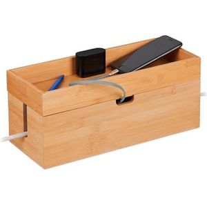 Relaxdays kabelbox voor 2 stekkerdozen, bamboe, kabelorganizer met vakje, HBD: 14x34x14 cm, kabels verstoppen, natuur