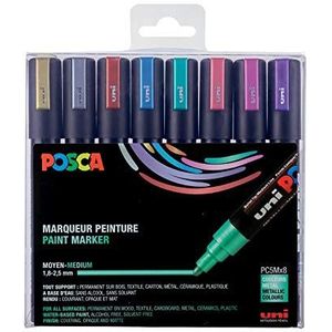 POSCA Mitsubishi Pencil - 8 PC5M-markers - Conische punt - Metallic kleuren - Medium Tip - Verfmarkers op waterbasis - Elke ondersteuning - Voor papier, textiel, glas, kiezelsteen, hout