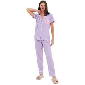 Trendyol Dames Effen Kant/Mesh/Net Gedetailleerd Dun Geweven Hemdje - Shorts Pyjama Set, Lila, L