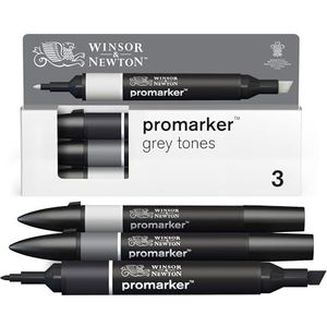 Winsor & Newton 0290185 ProMarker Set -Grijstinten, 3 layout markers in een set, met 2 punten, fijn en breed voor tekeningen, ontwerp en lay-outs