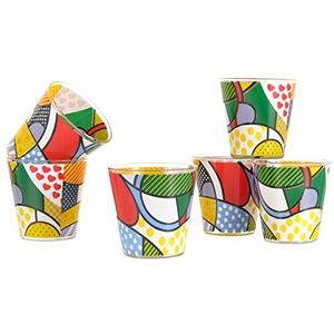 Baroni Home Set van 6 waterglazen Decoro Pop kleurrijk bedrukt van glas, Made in Italy, inhoud 25 ml.