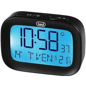 Trevi SLD 3850 Digitale wekker met geïntegreerde thermometer, groot lcd-display, klok en kalender, sluimerfunctie, zwart