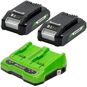 Greenworks GSK24B2X accu's 24 V, 2 Ah en dubbele oplader, twee originele Li-ion-accu's en dubbele oplader, geschikt voor elektrisch en tuingereedschap met 24 V