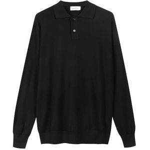 Diana Studio - Zwart basic poloshirt voor heren, 100% merinowol, effen, lange mouwen, maat XXL, regular fit, Zwart, XXL/3XL