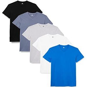 Lower East Heren T-shirt met V-hals, gemaakt van 100% katoen, Wit/zwart/Olympia blauw/grijs melange/Folkstone grey, set van 5, 3XL