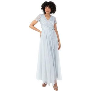 Maya Deluxe Maxi-jurk voor dames dames vlechtmeisje V-hals baljurk korte mouwen lange elegante empire-taille met riem ijsblauw maat 8, IJsblauw, 34