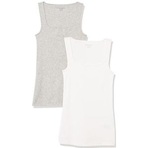 Amazon Essentials Tanktop voor dames, slimfit, vierkante hals, 2 stuks, wit/lichtgrijs gemêleerd, XS