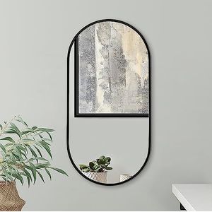 Americanflat 30 x 60 cm, zwart, ovale spiegel, aluminium frame, ovale badkamerspiegel, zwarte spiegel voor woonkamer en slaapkamer, wandspiegel met modern afgerond frame en ophangmateriaal