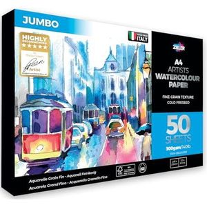 Jumbo fijnkorrelig getextureerd aquarelpapier A4 Pad - by Zieler. 50 vellen, 300 g/m² / 150 pond, A4 Landscape. Ideaal voor weken en maskeren. Gemaakt in het VK - FSC Mix & Acid Free. Inclusief starttip Sheet (A4)