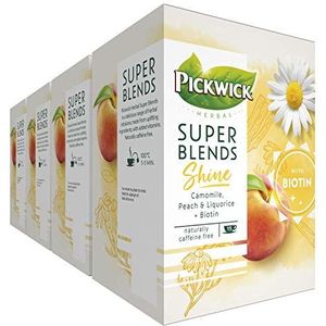 Pickwick Super Blends Shine Kruidenthee met Kamille, Perzik en Zoethout, Bevat Biotine (60 Theezakjes, 100% Natuurlijk), Cafeïnevrij, 4 x 15 Zakjes