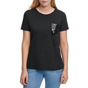 DKNY Dames Sequin Pocket T-Shirt, zwart, S
