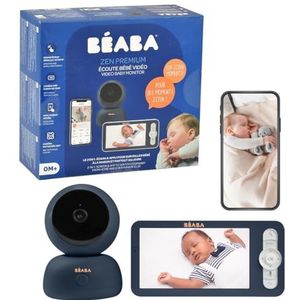 BÉABA, babyfoon, 2-in-1 babyvideomonitor, scherm/speciale mobiele app, HD-camera, 360° rotatie, nachtzicht, walkietalkie, slaapliedjes, temperatuur- en vochtigheidsregeling, Zen Premium Blue
