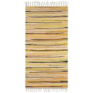 Relaxdays vloerkleed laagpolig, 70 x 140 cm, met franjes, meerkleurig, smal, van polyester en katoen, loper tapijt, geel