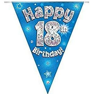 Gelukkige 18e Verjaardag Blauwe Holografische Folie Party Bunting 3.9 m Lange 11 Vlaggen door Eiken Boom