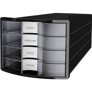 HAN Ladebox IMPULS 2.0 met 4 gesloten laden voor DIN A4/C4 incl. tekstborden, uittrekblokkering, meubelvriendelijke rubberen voeten, premium kwaliteit, 1012-363, zwart/doorschijnend helder