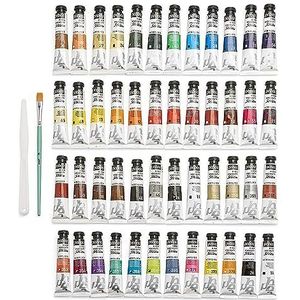 Pébéo - Studio Acrylics - Set van 48 tubes 20 ml verschillende kleuren + accessoires - Acrylverfset voor kunstenaars en beginners - penselen + spatel + canvas karton - Lichtkleuren
