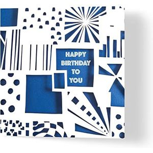 Wuzci ""Happy Birthday To You - Blauw papier gesneden patroon verjaardagskaart, 150 mm lengte x 150 mm breedte