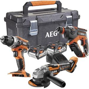 AEG - Set van 3 gereedschappen: 18 V klopboormachine, 18 V borstelloze boormachine, 125 mm borstelloze slijpmachine 18 V, 2 x 4,0 Ah batterijen, kist - JP18L3-402TB