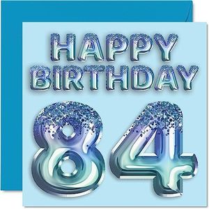 84e verjaardagskaart voor mannen - blauwe glitter feestballon - gelukkige verjaardagskaarten voor 84-jarige man overgrootvader opa papa Gran, 145 mm x 145 mm vierentachtig vierentachtig wenskaarten