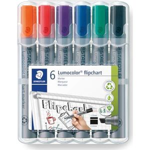 STAEDTLER Flipchart Marker Lumocolor, wigvormige punt ca. 2,0-5,0 mm lijnbreedte, lange levensduur, navulbaar, reukloos, hoge kwaliteit, Made in Germany, set van 6 kleuren, 356 B WP6