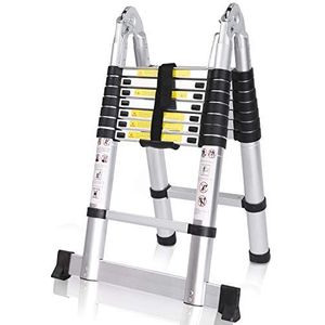 COOCHEER Telescopische ladder, aluminium, 5 m, vouwladder, uittrekbare ladder, multifunctionele ladder, 16 treden, staande ladder, max. draagvermogen 150 kg, zilver