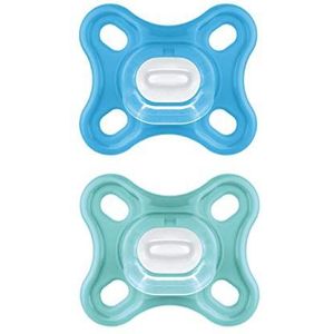 MAM Comfort fopspeen in een set van 2, kleine babyspeen speciaal voor premature en pasgeboren baby's, speentje van 100% zachte MAM SkinSoft-siliconen, fopspeendoosje, vanaf 0 maanden, blauw/turquoise