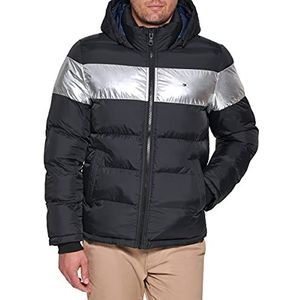 Tommy Hilfiger Klassieke donsjack met capuchon voor heren (standaard en groot en lang) alternatieve buitenkledingjas, Zwart Zilver Streep, M