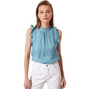 Trendyol Dames Blauwe ruches gedetailleerde losse hals gedrapeerde blouse blouse, blauw, 38